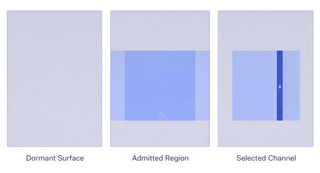 Figure 3-1. Representative operating states showing local activation progressing from dormant surface behavior to admitted participation and selected-channel streaming.